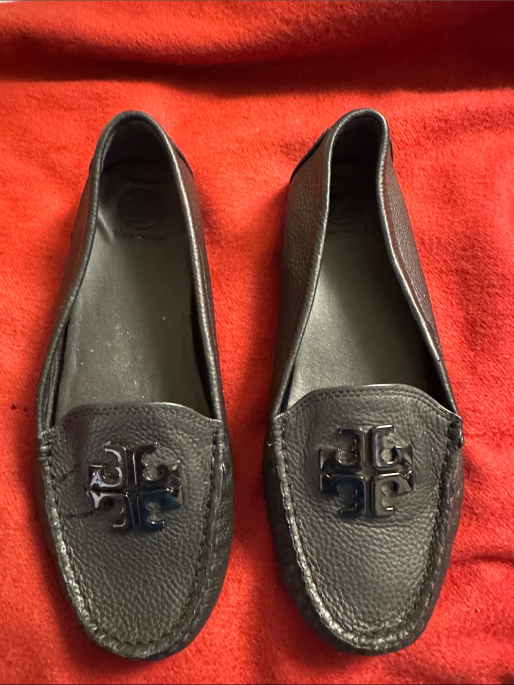 Tory Burch Black Pebbled Leather Logo Loafers